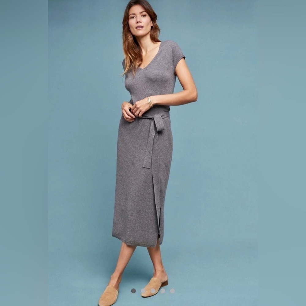 Anthropologie Matinee Midi Wool Belted Sweater Dress Gray